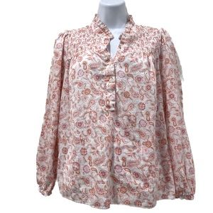 J Crew Pink and White Cotton Floral High Neck blouse | Size Small
